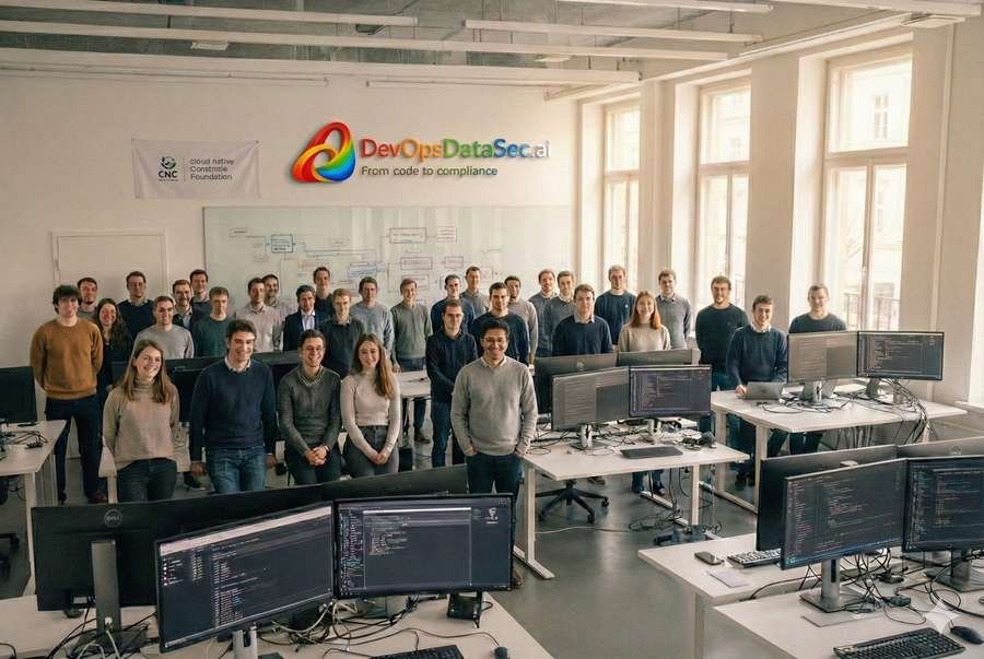 Das Berliner Team von DevOpsDataSec.ai — 35+ Engineers und Consultants in unserem lichtdurchfluteten Büro in Berlin-Mitte an der Friedrichstraße. Im Vordergrund arbeiten mehrere Team-Mitglieder an Standing Desks vor großen Monitoren mit Kubernetes-Dashboards und Terminal-Sessions. Im Hintergrund ein offener Meeting-Bereich mit Whiteboard voller Architektur-Diagramme. An der Wand hängen CNCF- und Linux Foundation-Banner neben einem großen DevOpsDataSec.ai Logo in den Regenbogenfarben. Das Team trägt legere Business-Kleidung, die Atmosphäre ist konzentriert aber kollaborativ. Diverse Gruppe aus Männern und Frauen verschiedener Nationalitäten, die die internationale Kultur des Unternehmens widerspiegelt.