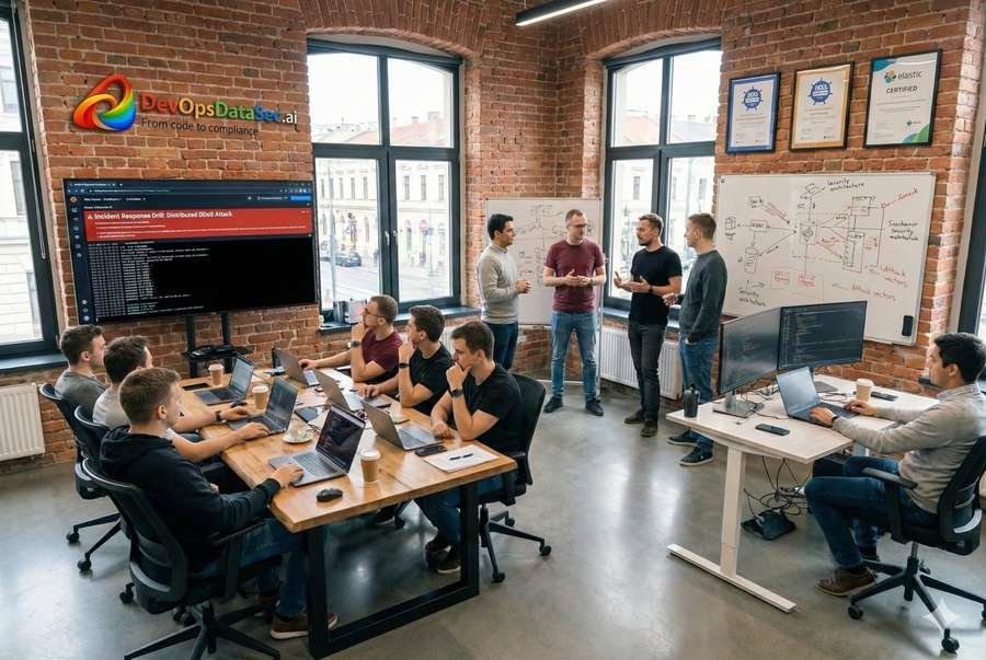 Das Cluj-Napoca Team — 18 SRE und Security Engineers in einem renovierten Industriebau im Stadtzentrum von Cluj. Exposed Brick Walls und moderne technische Ausstattung. Im Zentrum ein großer Besprechungstisch mit einem laufenden Incident Response Drill auf dem Hauptbildschirm. Mehrere Team-Mitglieder diskutieren vor einem Whiteboard mit Security-Architektur-Diagrammen. An der Wand Zertifikate: CKA, CKS, Elastic Certified. Energische Atmosphäre mit einem Mix aus fokussierter Einzelarbeit und lebhafter technischer Diskussion.